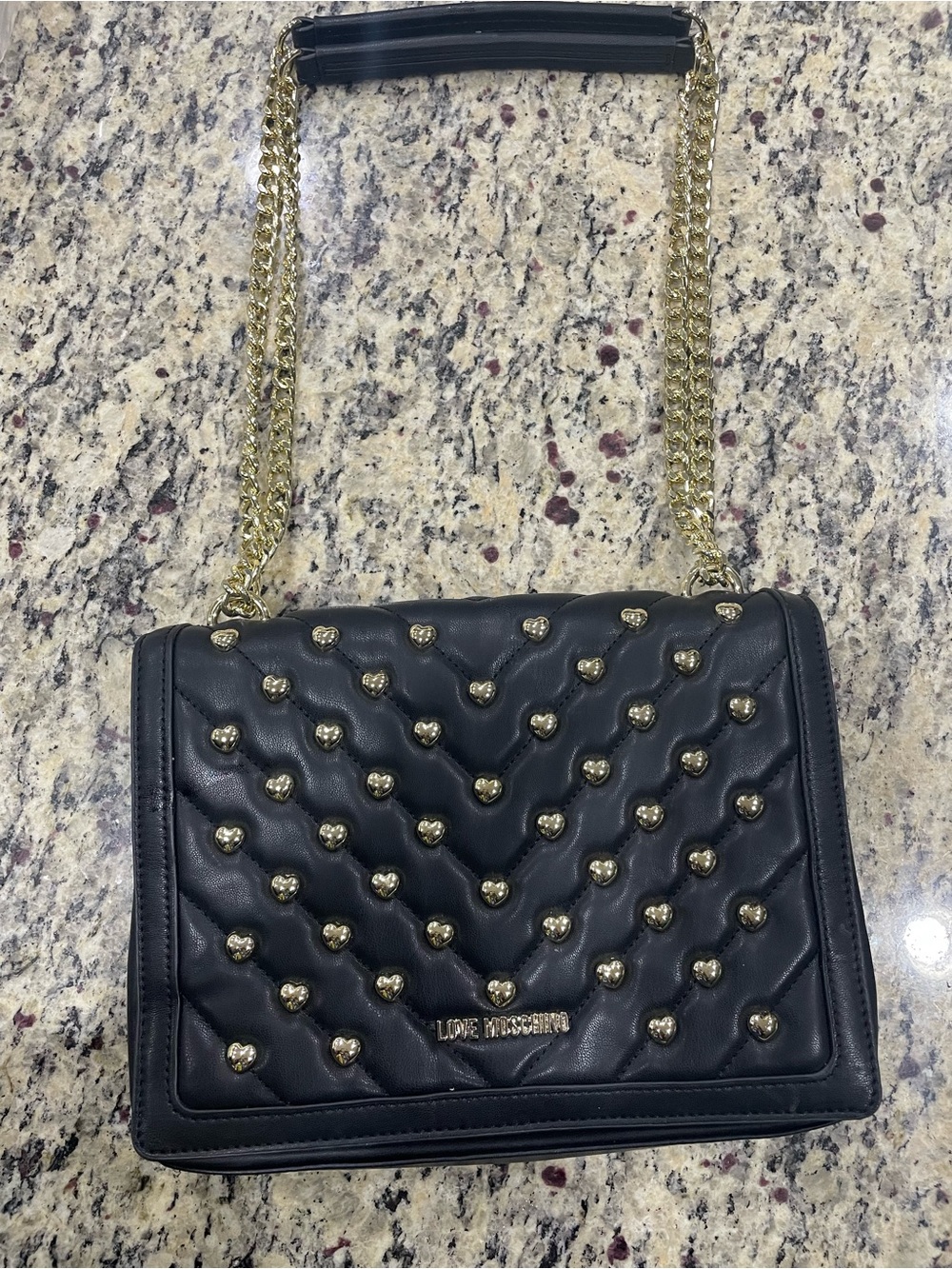 Love Moschino Black Quilted Shoulder Bag with Gold Heart Studs